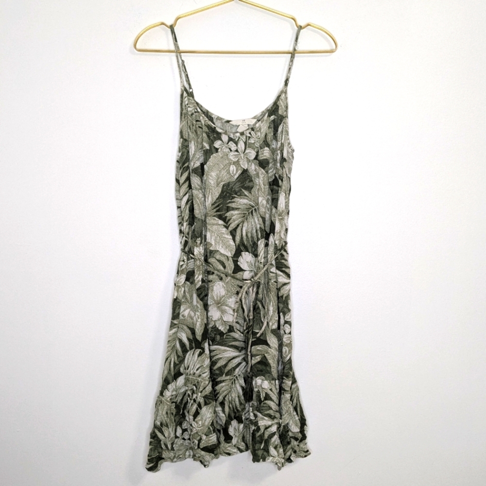 H&M L.O.G.G.Small Khaki Green Leaf Print Floral Spaghetti Strap Tie Waist Dress